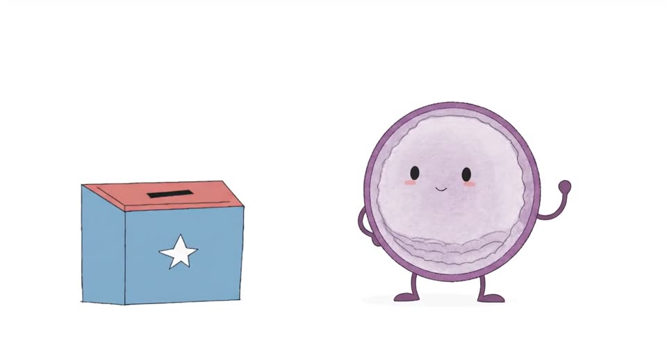 The embryo character standing next to the ballot box, paper now inside.