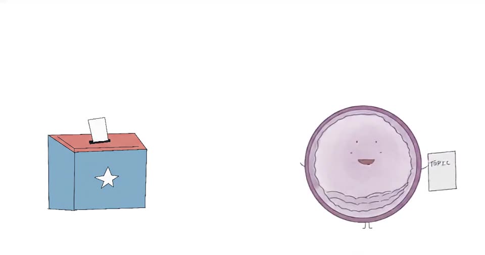 An embryo character holding a folded topic paper, ready to drop it into the ballot box on the left.